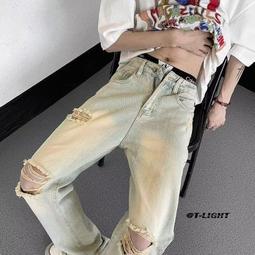 【現貨熱銷】美式復古vibe風彈力微喇叭破洞牛仔褲男夏季潮牌寬松休閑破壞長褲 歷史價格詳細信息