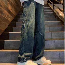 直筒牛仔褲男加絨加厚秋冬季2023新款美式高街寬鬆闊腿長褲子撞色 歷史價格詳細信息