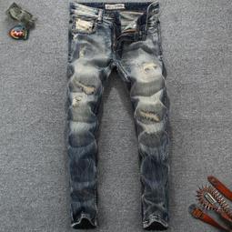 現貨速發 牛仔破洞褲 牛仔褲男 窄管牛仔褲 直筒牛仔褲 破洞休閒褲 九分褲 藍色破洞牛仔褲男潮牌補丁貼布韓版青年乞丐緊身 歷史價格詳細信息