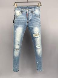 d2牛仔褲男士經典潮牌褲子藍色做舊水洗直筒長褲 破壞褲 油漆點刷白漸變牛仔褲 D2網紅同款破洞補丁牛仔褲 小腳褲 歷史價格詳細信息