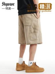 高街復古工裝牛仔短男夏季潮流休閑薄款寬松直筒水洗拼接中 歷史價格詳細信息