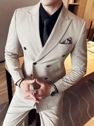禮服卡其色西裝男士修身純色質感西服套裝雙排扣戧駁領三件套 歷史價格詳細信息