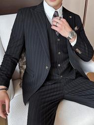 【星月】男士西服套裝三件套2023新款夏季職業商務修身小西裝伴郎新郎結婚 歷史價格詳細信息
