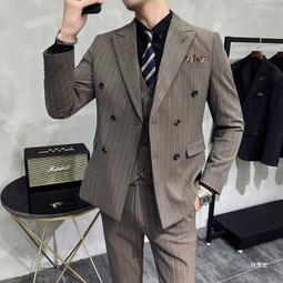 感雙排扣商務休閒條紋西服套裝潮雙開叉男修身戧駁領結婚西裝 歷史價格詳細信息
