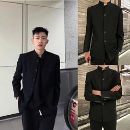 黑色中山裝男青年套裝中國風唐裝立領學生學院風西服休閒百搭 歷史價格詳細信息