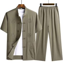 唐裝男士套裝中老年爸爸裝夏季薄款中國風短袖棉麻休閒漢服-正正男裝 歷史價格詳細信息