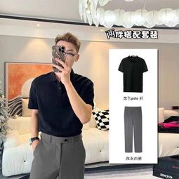 POLO衫男 潮牌ins華夫格翻領短袖t恤男 韓版素色輕奢polo衫潮流寬鬆彈力上衣 正韓 潮男必備-22號穿搭 歷史價格詳細信息