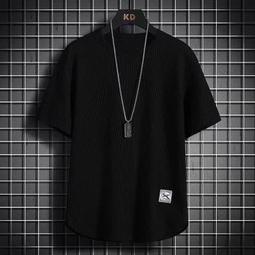 冰絲華夫格短袖針織T卹男 新款su色休閒上yi 潮流百搭提花T卹男 韓版簡約修身短袖 短T 短袖針織shan 圓 歷史價格詳細信息