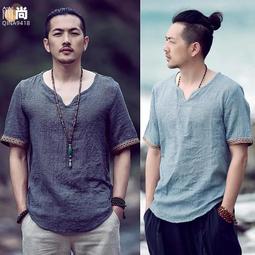 中國風男裝提花棉麻短袖T恤男夏季複古居士服新中式唐裝亞麻禪服 OM-MINTS名仕男裝 歷史價格詳細信息