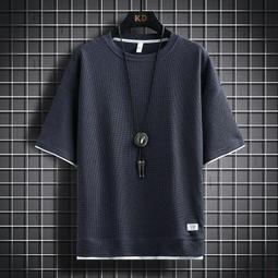 【兩件套】夏季男士大碼假兩件條紋短袖T恤套裝胖子男生寬松上衣 歷史價格詳細信息