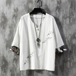 中國風刺繡短袖T恤男士亞麻薄款上衣大碼棉麻唐裝民族風體恤半袖-正正男裝 歷史價格詳細信息