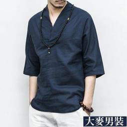 中國風男士T恤夏季棉麻七分袖休閑T恤男青純色T恤-正正男裝 歷史價格詳細信息