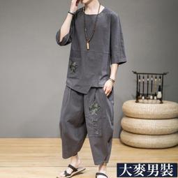 夏季棉麻套裝男士中國風唐裝復古亞麻短袖t恤男裝漢服v-正正男裝 歷史價格詳細信息