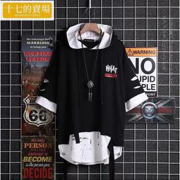 假兩件短袖t恤 破洞T恤 男破洞上衣連帽寬鬆短袖印花T恤 潮牌嘻哈拼色短T 男T恤 潮T 男五分袖上衣-MINTS名仕男裝 歷史價格詳細信息