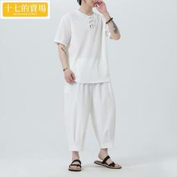 中國風休閒套裝男暗紋提花中袖復古盤扣t恤長褲禪服兩件套居仕服 歷史價格詳細信息