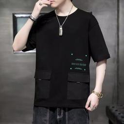 夏季大口袋短袖t恤 男生T恤 男生簡約百搭痞帥ins原宿港風圓領五分袖 短袖男 男t 歷史價格詳細信息