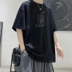 短袖t恤男生衣服ins潮流港風夏季克萊因藍寬松大碼五分袖 歷史價格詳細信息