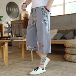 冰絲七分褲男夏季薄款棉麻運動短褲中國風闊腿燈籠褲亞麻沙灘男褲 歷史價格詳細信息