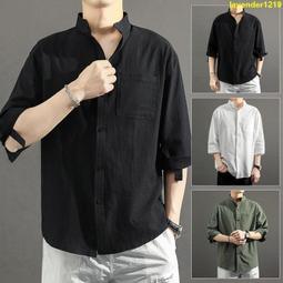夏季亞麻襯衫 七分袖簡約襯衫男 日系休閑寬松上衣 襯衫男 文藝襯衫男 立領棉麻襯衣 潮流男裝  C1020 歷史價格詳細信息