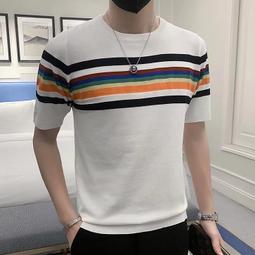 男生韓版上衣  男生短袖上衣  針織t恤男  針織短袖  短袖毛衣針織衫  男士短袖t恤  刺繡休閒上衣大尺碼-潮男服飾 歷史價格詳細信息