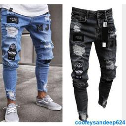 夏季九分牛仔褲 男破洞休閒褲牛仔褲 韓版青少年補丁乞丐褲子 男士9分褲 男士嘻哈高端緊身破洞 窄腳修身牛仔褲 歷史價格詳細信息