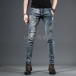 牛仔褲男 緊身窄管褲 彈力顯瘦褲子男 復古美式拼接個性設計感 歷史價格詳細信息