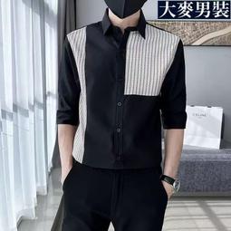 痞帥條紋短袖襯衫男夏季潮牌寬松百搭潮流襯衣五分半袖高級感上衣-靚仔男裝 歷史價格詳細信息