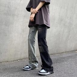 嘻哈高街vibe破洞毛邊純色拼接牛仔褲男ins潮牌直筒痞帥微喇叭褲子 歷史價格詳細信息