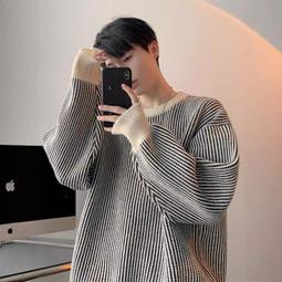 ????????毛衣男款秋冬季日系撞色條紋圓領針織衫復古寬鬆慵懶風毛線衣0104-潮男服飾 歷史價格詳細信息