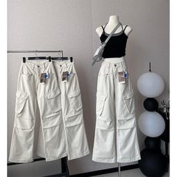 米白色美式工裝褲女2024新款春季款杏色高腰寬鬆直筒闊腿牛仔褲潮 歷史價格詳細信息