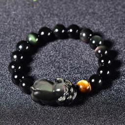 佛珠手串 天然佛珠東海水晶天然彩虹眼黑曜石圓肚直孔小貔貅配雙彩眼圓珠男女手串 歷史價格詳細信息