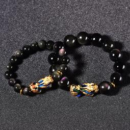 佛珠手串 天然佛珠天然彩虹眼黑曜石圓珠手鏈配圓貔貅手鏈純銀隔片男女單圈手串 歷史價格詳細信息