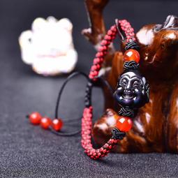 佛珠手串 天然佛珠東海水晶天然彩虹眼黑曜石圓肚直孔小貔貅配雙彩眼圓珠男女手串 歷史價格詳細信息