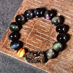 佛珠手串 天然佛珠天然彩虹眼黑曜石圓珠手鏈配圓貔貅手鏈純銀隔片男女單圈手串 歷史價格詳細信息