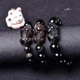 佛珠手串 天然佛珠天然彩虹眼黑曜石圓珠手鏈配圓貔貅手鏈純銀隔片男女單圈手串 歷史價格詳細信息