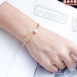 小眾鑲鑽開口手鐲雙T白川貝母綠鬆石手環925純銀玫瑰金女情人節禮物-鴻運飾品 歷史價格詳細信息