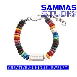 高級感彩色火山石鈦鋼手鏈男嘻哈女拼接FOREYER方塊手飾 歷史價格詳細信息