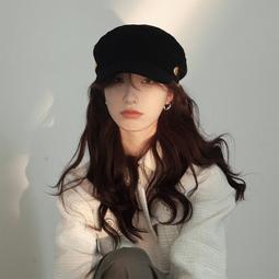顯臉小黑色八角帽子女春秋冬英倫復古貝雷帽羊毛百搭大頭 歷史價格詳細信息