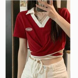 學院風POLO領短袖T恤男 ins潮寬鬆港風設計感短袖 Polo衫 抽繩翻領上衣-22號穿搭 歷史價格詳細信息