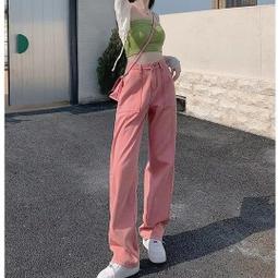 粉色闊腿牛仔女2024春夏高窄版顯瘦梨形身材垂感直筒拖地長 歷史價格詳細信息