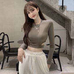 短版上衣 圓領衛衣女 寬松上衣 韓版 薄款 露臍 長袖上衣 設計感上衣  風 長-餘登米女裝 歷史價格詳細信息