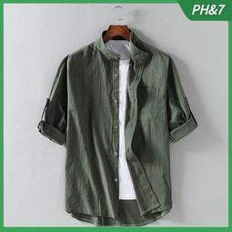 現貨 棉麻七分袖襯衫男 民族風素色百搭 立領襯衣 中國風復古棉麻白襯衫韓版時尚上衣 歷史價格詳細信息