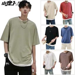 港風夏季男生假兩件t恤 純棉假兩件T恤男 寬鬆休閒短袖上衣 學生穿搭原創短袖T恤 五分袖上衣 假兩件T恤 百搭潮流-正正男裝 歷史價格詳細信息