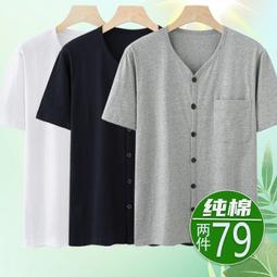 純棉爸爸夏裝中年男士短袖t恤男裝夏季V領中老年人全棉寬松上衣服特惠超夯 精品 歷史價格詳細信息