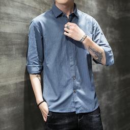 男生襯衫  襯衫男七分袖 純棉襯衫 五分袖短袖襯衫 韓版緊身工裝襯衫 帥氣寬鬆外套 休閒素色襯衫 痞帥襯衫-潮流e線 歷史價格詳細信息