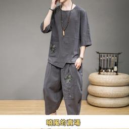 夏季棉麻套裝男士中國風唐裝復古亞麻短袖t恤男裝漢服v-正正男裝 歷史價格詳細信息