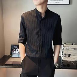 七分袖條紋襯衫男士2022夏季韓版商務五分半袖襯衣男休閑短袖襯衫-靚仔男裝 歷史價格詳細信息