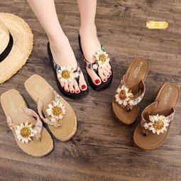 沙灘拖鞋女夏外穿厚底高跟涼拖女海邊花朵坡跟人字拖 歷史價格詳細信息