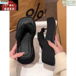 2024夏季新款厚底牛仔布休閒沙灘鞋皮帶扣圓頭露趾韓版涼拖鞋女 歷史價格詳細信息