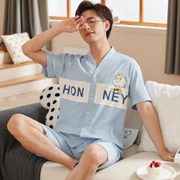 男睡衣夏季圓領短袖短褲休閒精梳棉卡通刺繡條紋新款家居服套裝虎虎男裝 歷史價格詳細信息